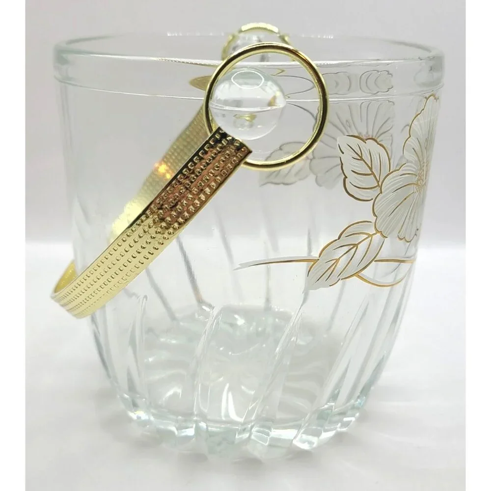 Vintage Clear Glass Ice Bucket With Gold Floral Design & Handle